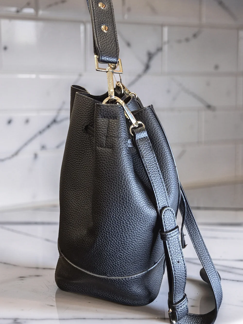 Zara Black Pebbled Drawstring Bucket Bag Crossbody